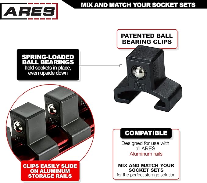 ARES 70203-1/2-Inch Drive Red Aluminum Socket Organizer - Store up to 16 Sockets and Keep Your Tool Box Organized - Sockets Will Not Fall Off this Rail