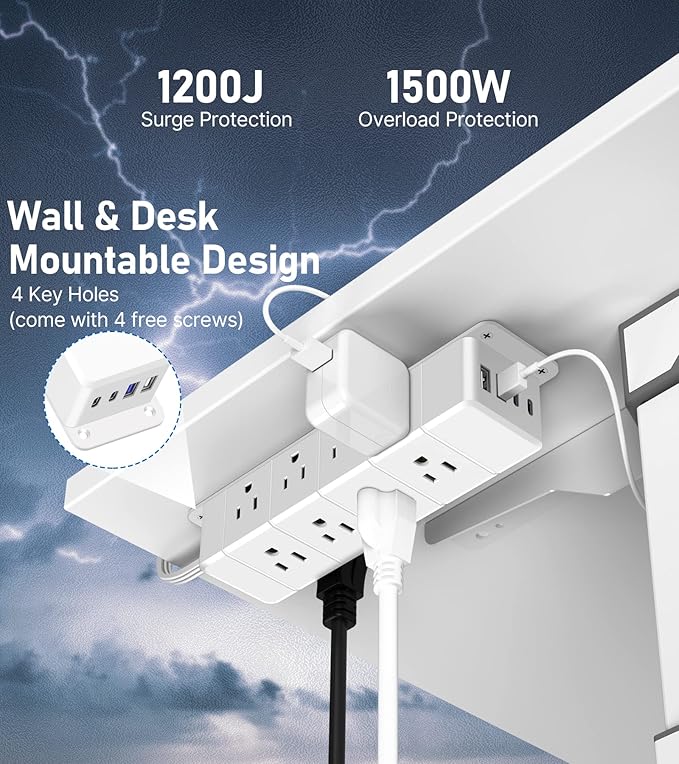 30W USB C Power Strip Surge Protector,Ultra Thin Flat Plug Power Strip 4 Side 12 Outlets,PD Fast Charing,2 USB-C, 2 USB-A(4 USB Total 40W),6ft Slim Extension Cord,16 in 1 Desk Power Bar,1200J White