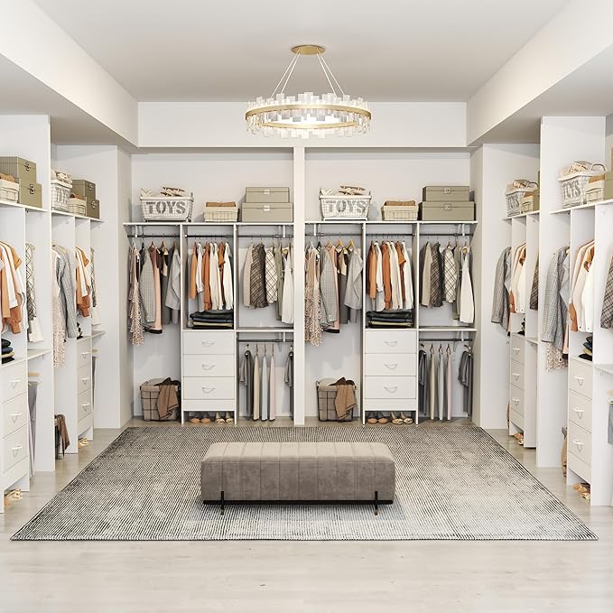 YOUDENOVA 5FT Closet System with 3 Drawers, 59 Inches Wood Closet Organizer System, Walk-in Closet Built In System Tower, Closet Wardrobe Clothes Garment Racks, White