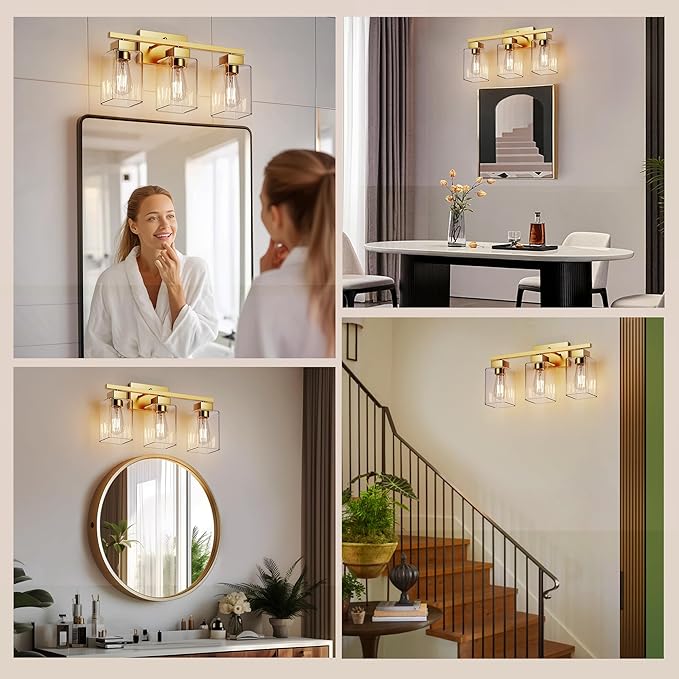PARTPHONER 3-Light Bathroom Light Fixtures, Brushed Gold Modern Vanity Lights, Bathroom Lighting Fixtures Over Mirror, Square Design Farmhouse Wall Sconces with Clear Glass Shades