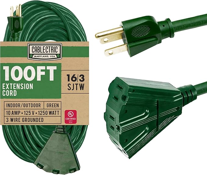3 Outlet Outdoor Extension Cord 100 ft, SJTW 16 AWG Heavy Duty Green Extension Cord with Multiple Outlets Pigtail, Weatherproof Exterior Cable 3 Prong for Landscaping, Garden, Lawn & Yard