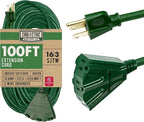 3 Outlet Outdoor Extension Cord 100 ft, SJTW 16 AWG Heavy Duty Green Extension Cord with Multiple Outlets Pigtail, Weatherproof Exterior Cable 3 Prong for Landscaping, Garden, Lawn & Yard