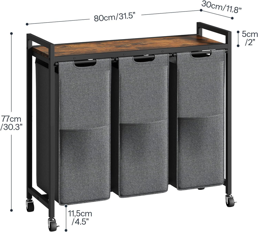 HOOBRO Laundry Sorter 3 Section, Laundry Hamper with Wheels, 3 × 11.5 Gal (43.4L), Rolling Laundry Basket, Pull-Out and Removable Oxford Fabric Laundry Bags, Rustic Brown and Grey BFG76XY01