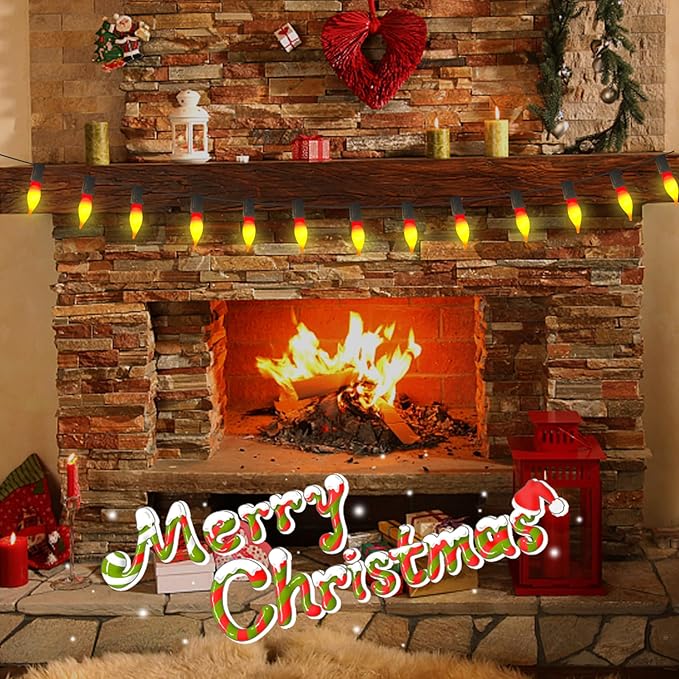 Abeja 12 Pack Flame Lights Bulb, Red &Yellow Flame Shaped Bulb for Candle Lamps, Outdoor C18 String Light, C7/E12 Candelabra Base Night Light Bulbs, 7 Watt, 120 Volt- Red/Yellow