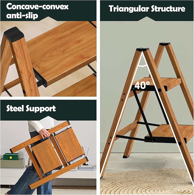 Taranta 2 Step Ladder,Aluminum Lightweight Folding 2 Step Stool with Anti-Slip Wide Pedal, 330lbs Capacity Step Ladder for Household,Kitchen,Office - Woodgrain