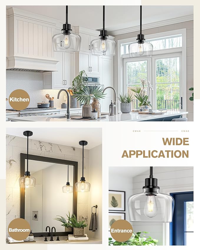Emak 2 Pack Pendant Lights Kitchen Island, 8 Inch Black Pendant Light Fixtures with Clear Glass Shade, Modern Farmhouse Island Lights for Kitchen, Dining Room, Bar, PL122-BK-CG-2PK
