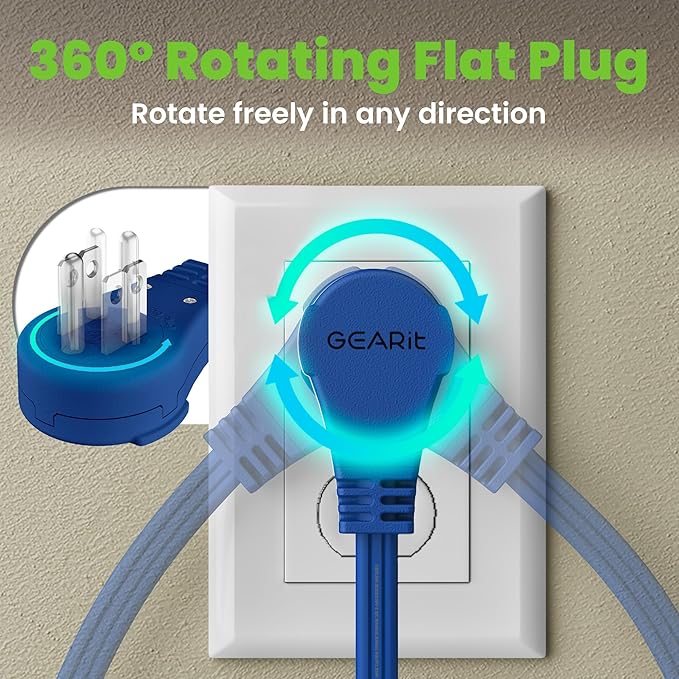 GEARit 360 Rotating Flat Plug Short Extension Cord with 3 Outlets (6ft, Navy) 16AWG/13A 3 Prong Wire, Outlet Saver for Home Office Dorm Room Essentials, ETL Certified