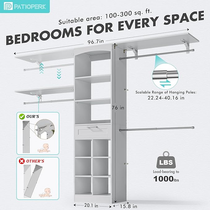 Closet System With Drawers - 6 Partition Storage, Closet Organizer System With 3 Expandable Hanging Rods, Walk-In Closets Wardrobe Clothes Garment Rack For Bedroom