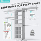 Closet System With Drawer - 8 FT Closet Organizer And Storage, Wood Closet Organizer System with Tower, Walk-in Closet Organizer Wardrobe Clothes Rack with 3 Hanging Rods, Garment Rack