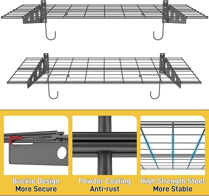 Ultrawall Garage Wall Shelves, 2 x 4 ft Wall Mounted Storage Shelves, Heavy Duty Wall Shelving with Hooks, Holds Up to 220 Lbs, 2Pack, Black