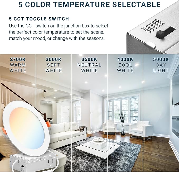 PARMIDA (6 Pack) 6 Inch Ultra-Thin LED Recessed Ceiling Light with Junction Box, 5CCT Color Selectable 2700K/3000K/3500K/4000K/5000K, 12W, Dimmable Canless Wafer Slim Panel Downlight, IC Rated, ETL