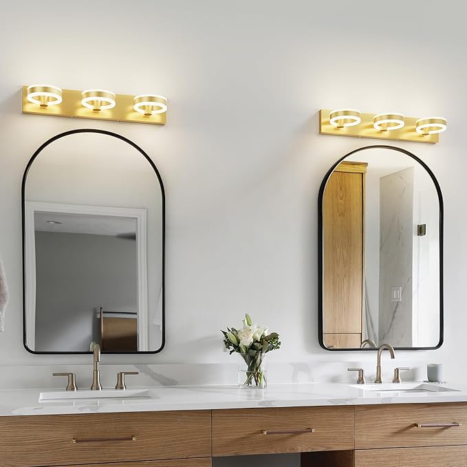 LED Bathroom Light Fixtures, 24inch Gold Vanity Lights, Modern 3 Light Acrylic Wall Sconces, 350° Rotatable Wall Lighting Fixture Over Mirror