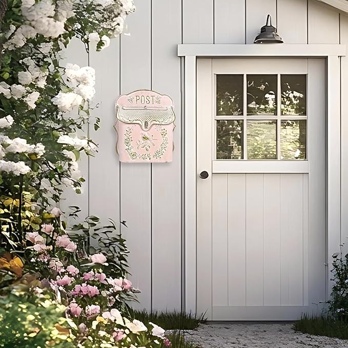 Mailbox Wall Mount Mailboxes for Outside Vintage Mail Boxes for House Outside Metal Drop Box Antique Style Nostalgic Charm Home Decorative, Bird Pattern, Pink