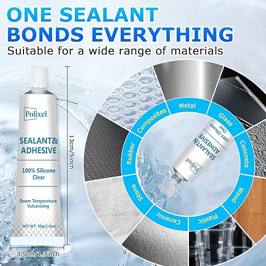 Clear Silicone Sealant & Adhesive RTV Transparent 100% Silicone Caulk Waterproof High Strength All-Purpose Shrink & Crack Proof Caulking for Kitchen, Bathroom, Windows & Car -1.8oz/50g