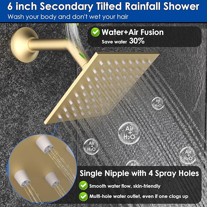 Enga Shower System Dual Shower Heads with 10+6" Dual Rain Shower Head with Handheld Spray for Two People, Wall Mount Shower Faucet Set with Valve Kit, Brushed Gold