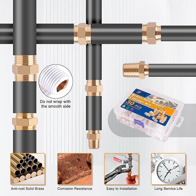 KOOTANS 30PCS Brass Pipe Fittings Hex Nipple Kit 1/8" to 1/8", 1/4" to 1/8", 1/4" to 1/4", 3/8" to 1/4", 3/8" to 3/8", 1/2" to 3/8", 1/2" to 1/2" NPT Male Adapter Pipe Fitting Brass Nipple Connector