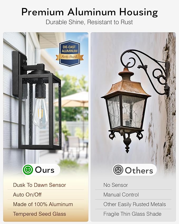 VIANIS 14.5" Large Outdoor Sconce Lights, Black Dusk to Dawn Outdoor Lighting with Tempered Bubble Glass, Anti-Rust Outside Light Fixtures Wall Mount, Waterproof Front Porch Light for Porch, Garage