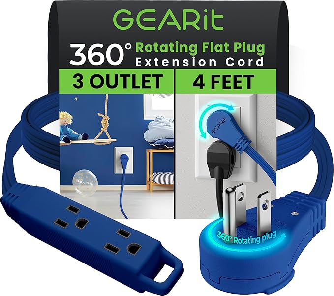 GEARit 360 Rotating Flat Plug Short Extension Cord with 3 Outlets (4ft, Navy) 16AWG/13A 3 Prong Wire, Outlet Saver for Home Office Dorm Room Essentials, ETL Certified