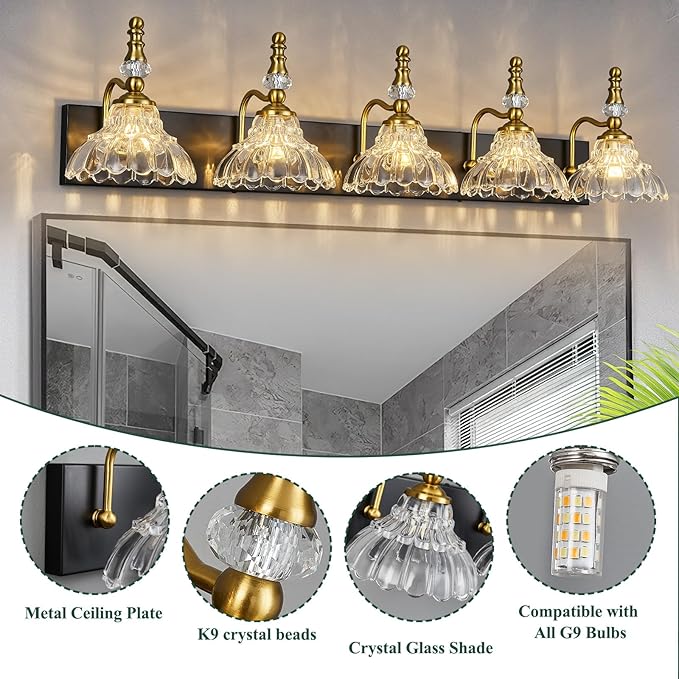 Vintage Bathroom Vanity Light, 5-Light Black Gold Vanity Lighting Fixture with Flower Glass Shade, Bathroom Lighting Fixtures Over Mirror