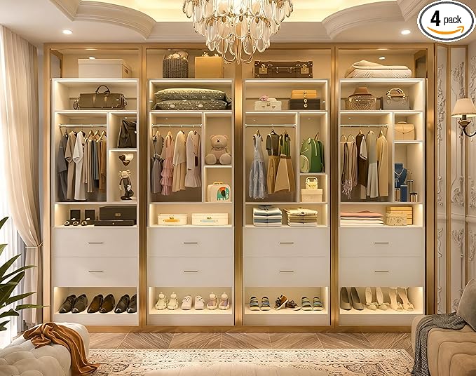 8FT Closet System with 8 Wood Drawers, 96" Closet Organizer System with 20+ Small Shelves & 2 Hanging Rods, Walk-in/Nursery Closet Systems, Set of 4, White (96" L x 15" W x 80" H)