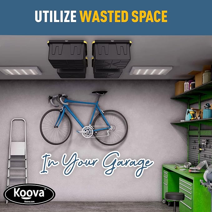 Koova Heavy-Duty Overhead Garage Storage Rack for 4 Bins. Adjustable Width, 160lb Capacity. DIY Safe Ceiling Mount, Easy Install. Fits 27-Gallon Totes. USA Made Pro-Grade Steel. Space Saving Organizer
