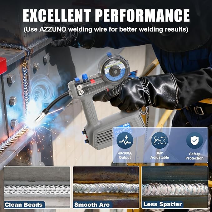 AZZUNO Handheld MIG Welder 100A, 110V Flux Core Welder Machine with 360° MIG Torch, Portable Gasless MIG Welding Machine, Handheld Wire Feed Welder