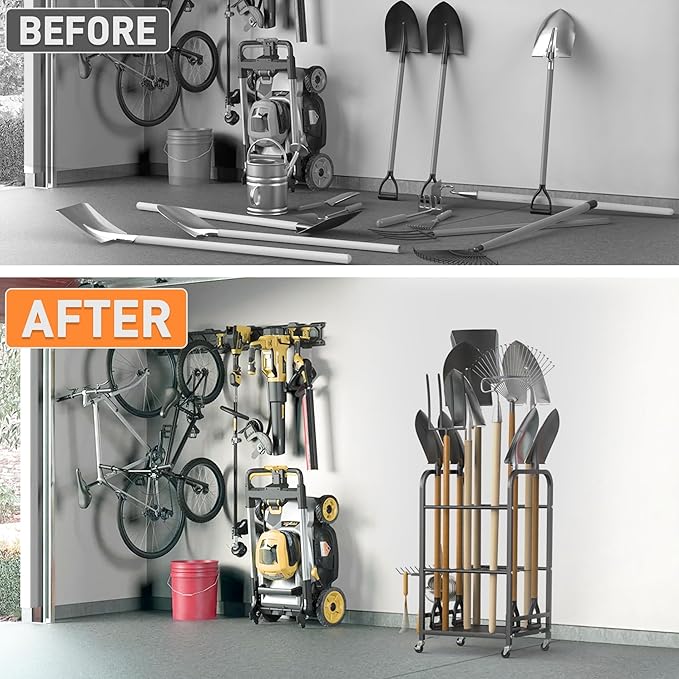 TORACK Garden Tool Organizer Stand with Wheels, Rakes Shovels Yard Tools Stand for Garage, Shed, Garden, Indoor/Outdoor Long-Handled Tools Cart