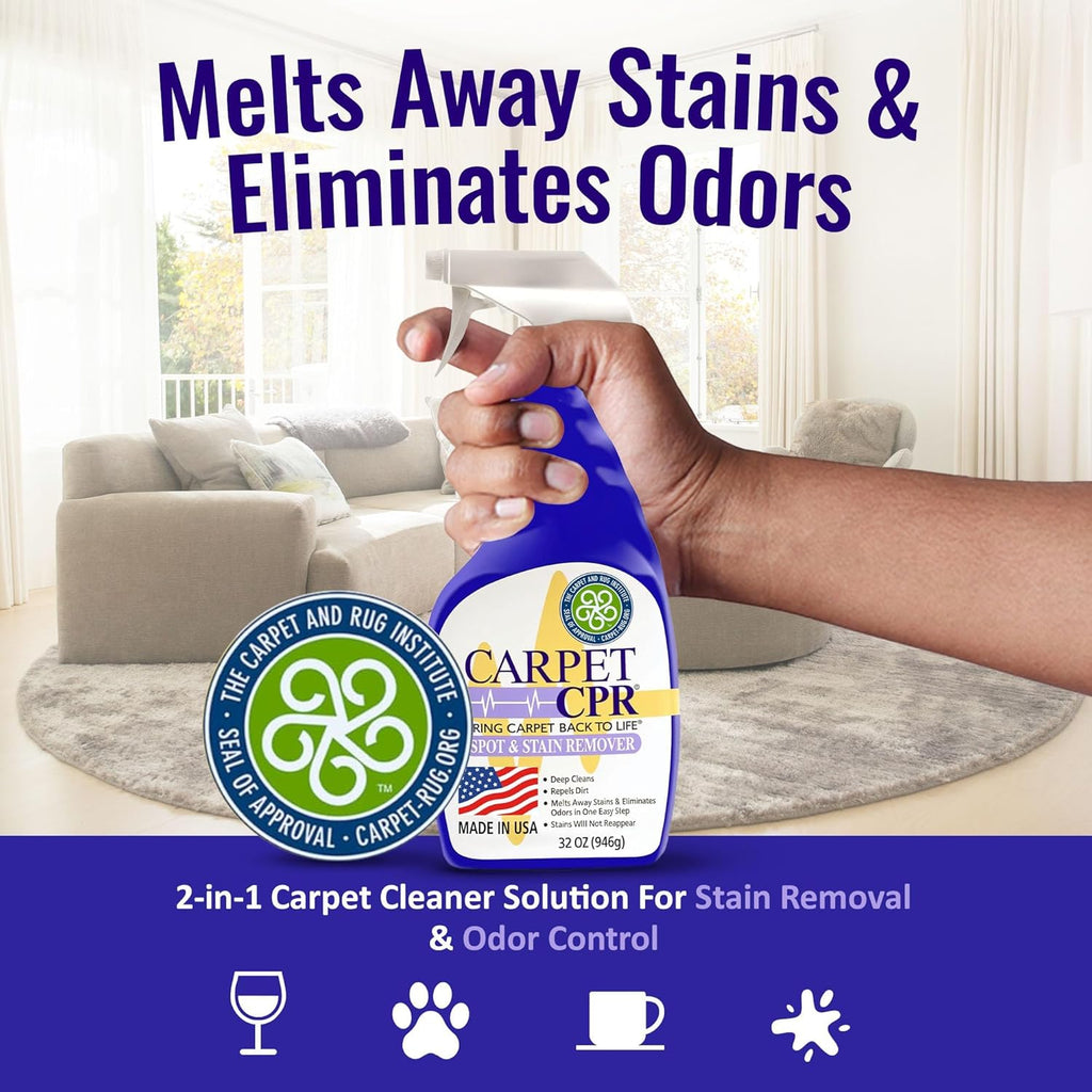 Carpet CPR Spot & Stain Remover Spray – Heavy Duty Carpet Cleaner for Pet Messes, Coffee & Tough Stains (32 Fl Oz (Pack of 2))