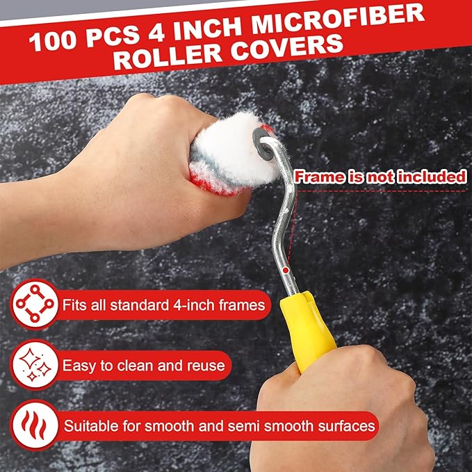 Leumoi 100 Pcs Paint Roller Covers 1/2 x 4 Inch Microfiber Paint Roller Covers Paint Brush Cover Small Roller Nap Mini House Painting Supplies for Painting Wall DIY Household Tool (Red Grey)