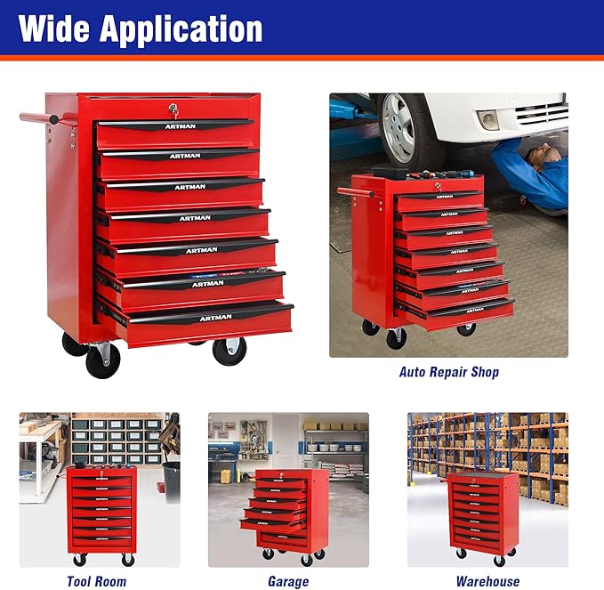 7 Drawers Rolling Tool Box on Wheels, Multifunctional Tool Chest Cabinet with Lock, Drawers Rolling Tool Cart Trolley Organizer Tool Storage Case for Warehouse,Garage,Workshop (Red)
