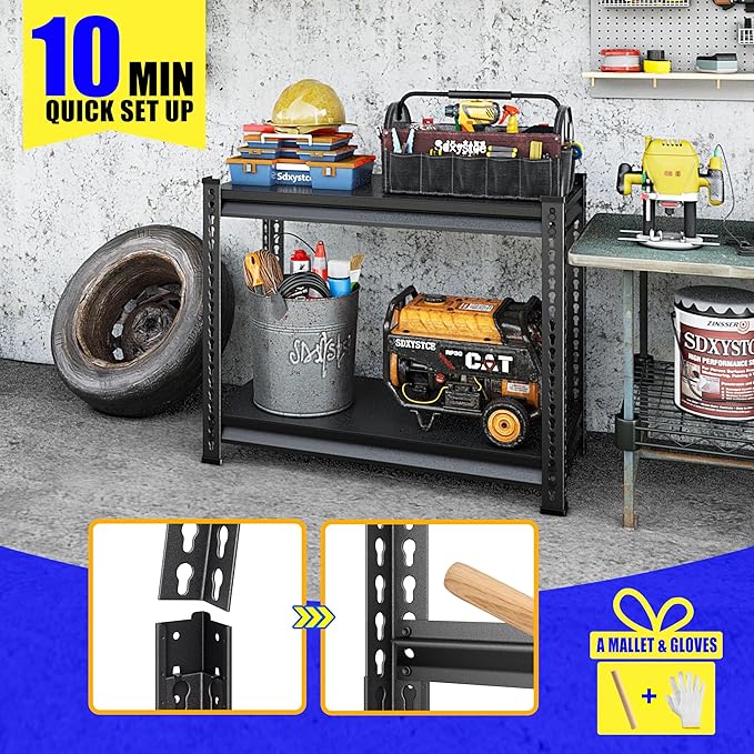 40" W Garage Shelving Heavy Duty, 900 Lbs Loads Garage Storage Shelves Heavy Duty, 2-Tier Metal Shelving Units and Storage for Basement, Retiple Tanks,40" Wx18 Dx36 H, Black