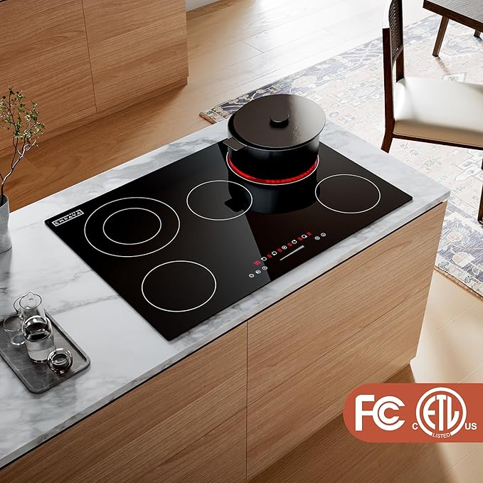 Empava 30 Inch Electric Cooktop 5 Radiant Burners with 2 Dual-Zone Elements & 100W Warmer, Touch Controls, Timer, Child Lock, Built-in Ceramic Glass, Hardwired, ETL Certified