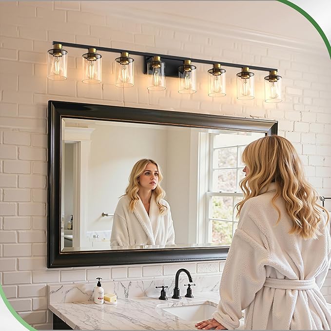 DORESshop 55 Inch Bathroom Light Fixtures, 8-Light Black and Gold Bathroom Lighting Fixtures Over Mirror with Glass Shade, Modern Vanity Lights for Hallway Bedroom