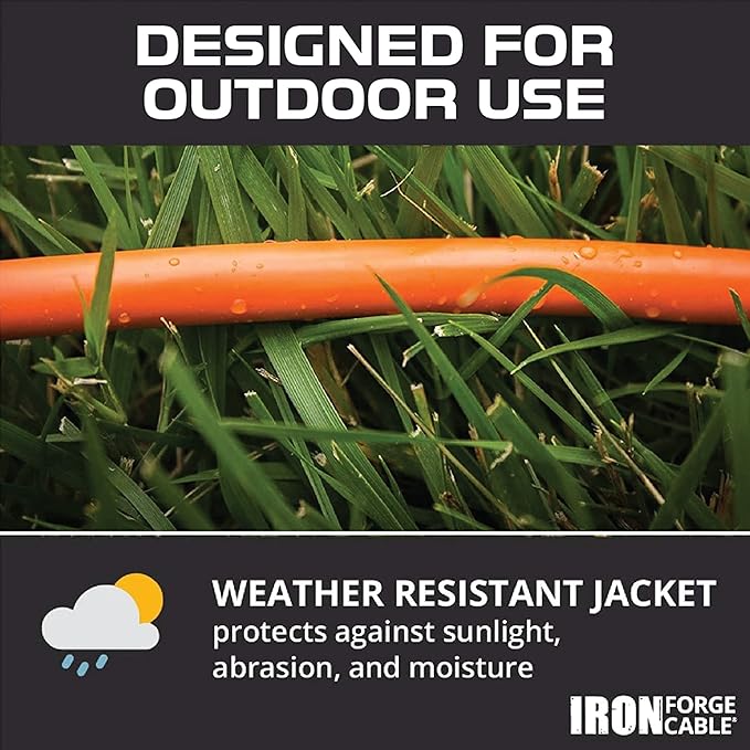 Iron Forge Cable Weatherproof 200 Ft Outdoor Extension Cord - 16/3 SJTW 10 Amp Heavy Duty Highly Visible Orange Extension Cord 3 Prong - Lighted End