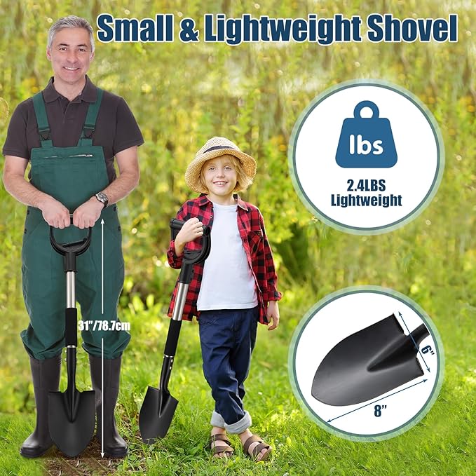 Multi-Task Small Shovel 31" - D-Handle Ergonomic Design for Raised Garden Beds, Outdoor Compact Spaces & Family Camping (Rustproof & Ultra-Light), Silver
