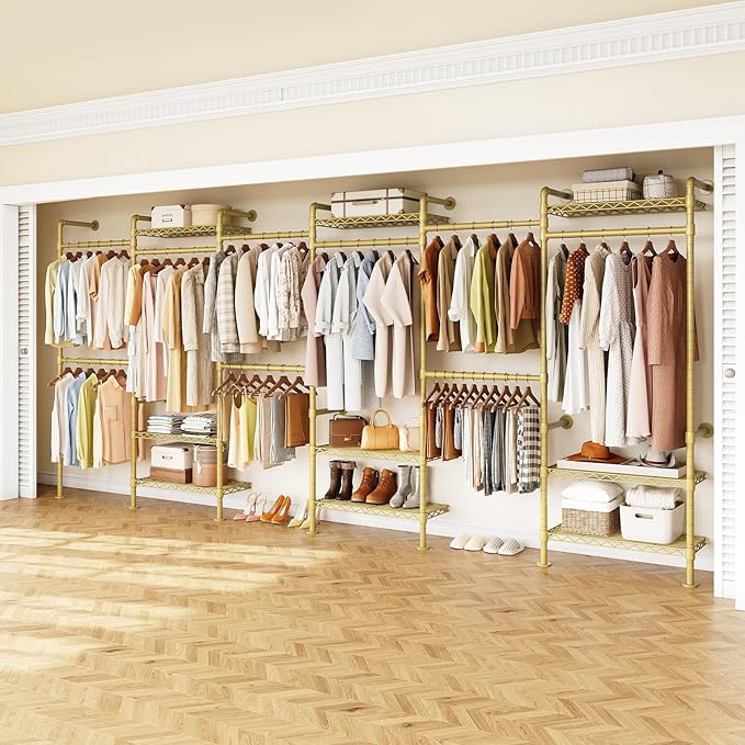 H6 Wall Mounted Closet System, Industrial Pipe Clothes Rack Clothing Racks with 6 Telescopic Rods & 3 Fixing Rods & 9 Shelves, Heavy Duty Closet Organizers and Storage in Wardrobe Closet (Gold)