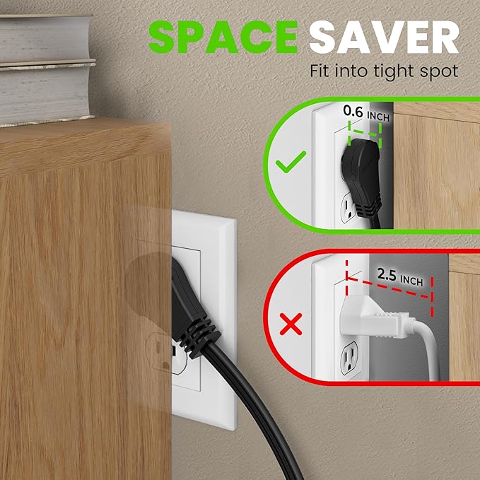 GEARit 360 Rotating Flat Plug Extension Cord (6ft, Black) Multi 3-Outlet Extension 16 AWG Wire, Adapter for Small Spaces, Right Angle Socket, ETL Certified - 6 Feet