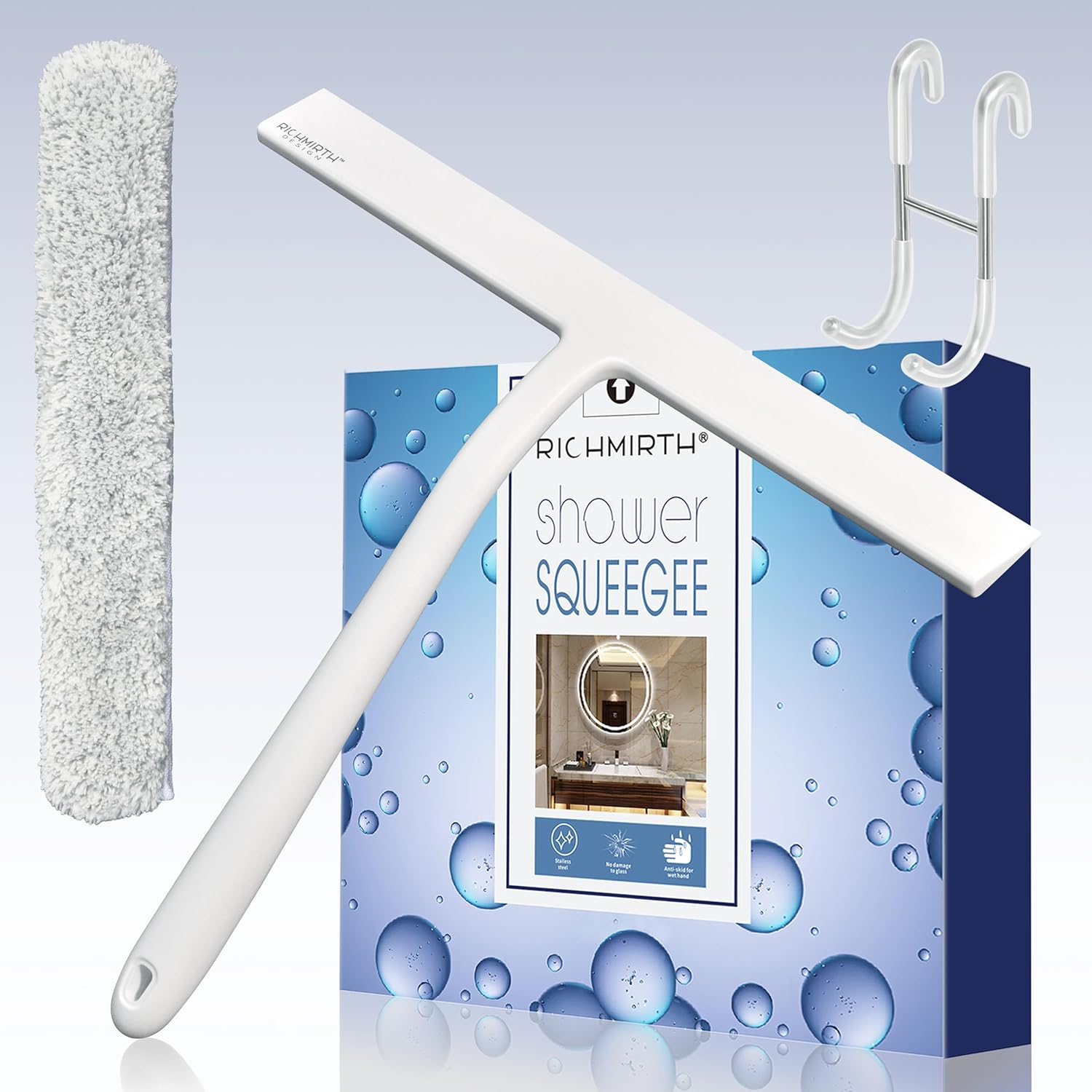 12 Inch Silicone Shower Squeegee for Glass Doors with Hook – Streak-Free Window Cleaner for Bathroom, Mirror, Tile & Car, No Scratch Squeegee with Metal Core