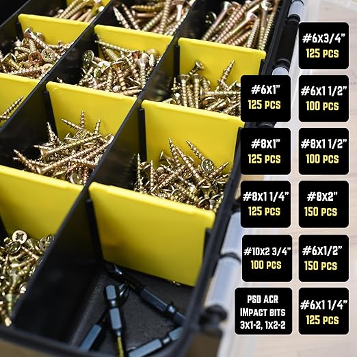 Velocity Interior Wood Screws Assortment Kit in 10 Sizes, Stick Tight Technology, Zinc Plated Carbon Steel, 4 PSD ACR Drive Bits, Set Screw Assortment Kit Storage Organizer (1225 Pieces)