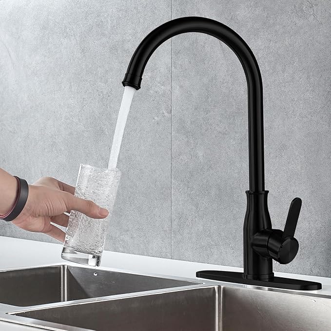 Single Handle Kitchen Faucet Stainless Steel Matte Black, Modern High Arc Kitchen Sink Faucet, Commercial Bar Sink Faucet One Hole with Deck