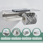 APLusee Double Toilet Paper Holder with Shelf, 304 Stainless Steel Brushed Nickel Bathroom Tissue Holder, Commercial Paper Roll Dispenser Wall Mounted