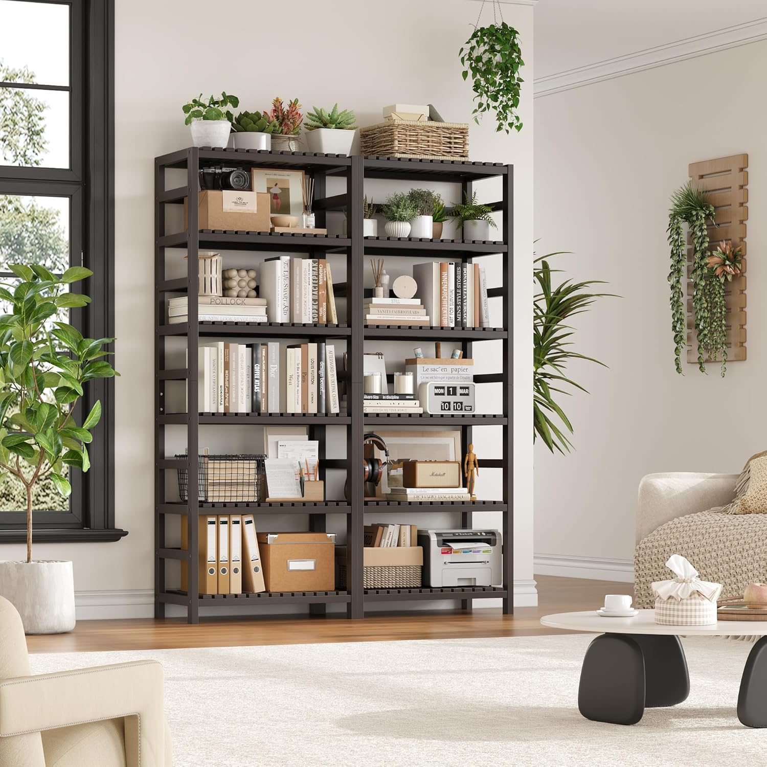 FOTOSOK 6-Tier Bamboo Shelf, Bamboo Bookcase with Adjustable Shelves, Free Standing Storage Shelf Unit, Plant Flower Stand for Kitchen, Bathroom, Home Office, Vintage