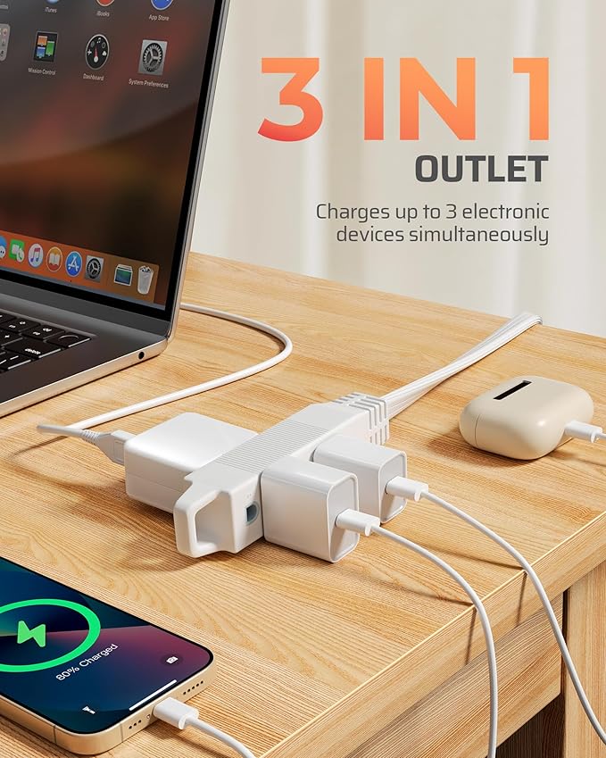 DEWENWILS 3FT 360° Rotating Flat Plug Extension Cord/Wire, 16AWG Multi 3 Outlet Extension Cord, 3 Prong Grounded Wire for Small Appliances, 2 Pack, White