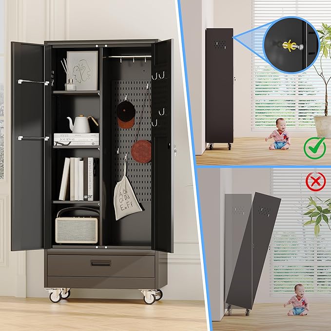 Broom Closet Storage Cabinet with Drawer and Hanging Rod, Garage Storage Cabinet with Wheels and 5 Pegboard, Rolling Tool Cabinets with 2 Doors and 3 Shelves for Garage, Bathroom, Black