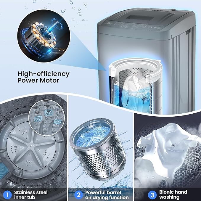 Nictemaw 2.8 Cu.ft Portable Washer, 20 lbs Capacity Full Automatic Washing Machine with Drain Pump, 10 Wash Programs & LED Display, Compact Clothes Washer for Apartments, RV, Dorm, Home