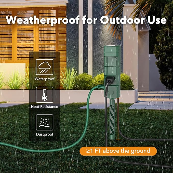 BN-LINK 25ft Outdoor Extension Cord Waterproof with Power Stake, 6-Outlet Power Strip Weatherproof, 14/3 SJTW Heavy Duty Power Cord for Halloween/Christmas Decorations and Inflatables, 15A/1875W