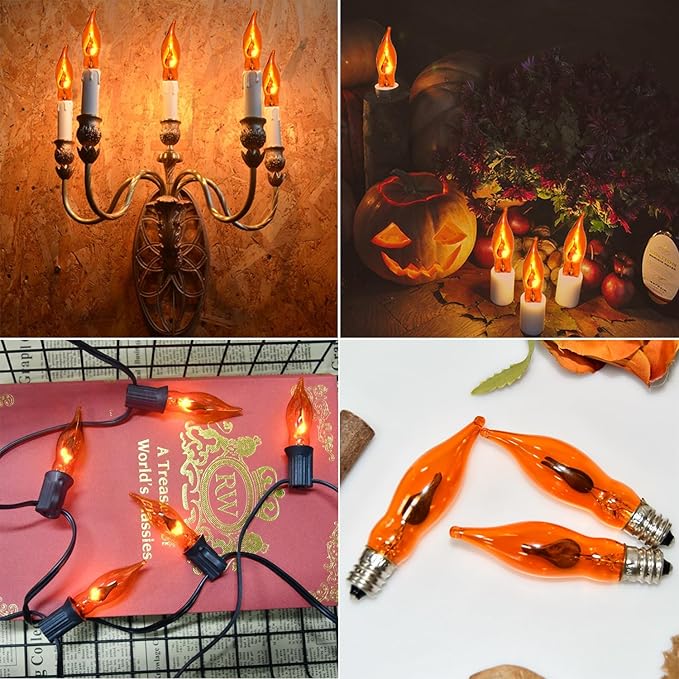 12 Pack C7 Flickering Flame Light Bulbs Orange Fall Lights Bulb - E12 Flickering Flame Bulb, Ideal as Fall Christmas Halloween Candle Light Bulbs & Replacement Bulbs for String Lights,1W, 120V