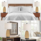 Touch Control Rattan Table Lamps, 3 Way Dimmable Bedside Lamps for Bedroom Set of 2 with 2 USB Ports and AC Outlet, Grass Rope Nightstand Lamps for Living Room Office (2 LED Bulbs Included)