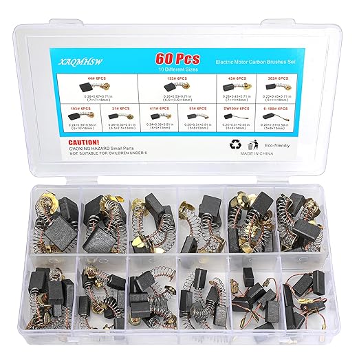 60 Pcs Electric Motor Carbon Brushes Set, 10 Assorted Sizes Graphite & Copper Replacement Parts for Power Tools, Drills, Saws, Grinders, Motors