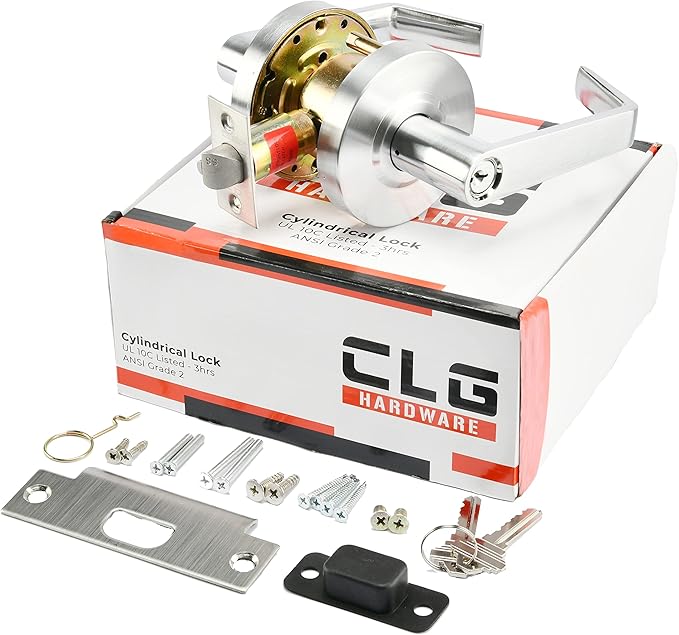 CLG HARDWARE Commercial Lever Door Lock - Heavy-Duty Locking Door Handle, Designer Door Handles, Cylindrical Lever Lock, Non-Handed Grade 2 Industrial Door Handle, 26D Satin Chrome, Entrance w/Clutch